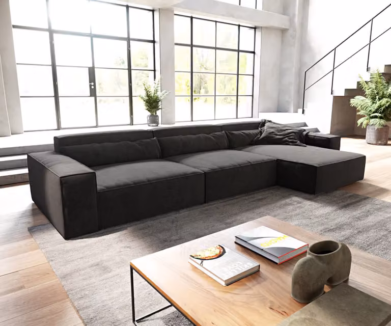 DELIFE Hoekbank Sirpio XL zwart microvezel met variabel recamiere B: 370 cm, D: 170 cm