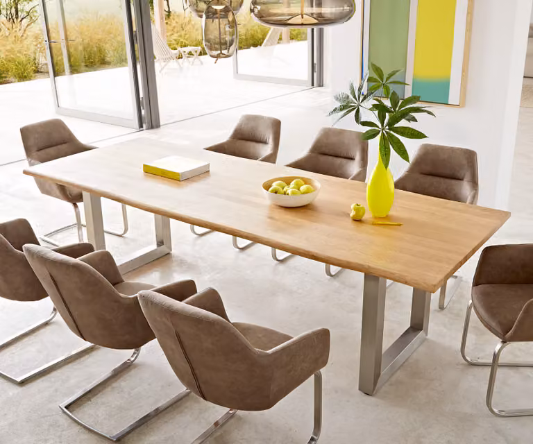 DELIFE Eettafel Edge Live-Edge van Eikenhout en Roestvrij Staal, Bruin/Zilver, B: 260 cm, D: 100 cm, H: 73,5 cm