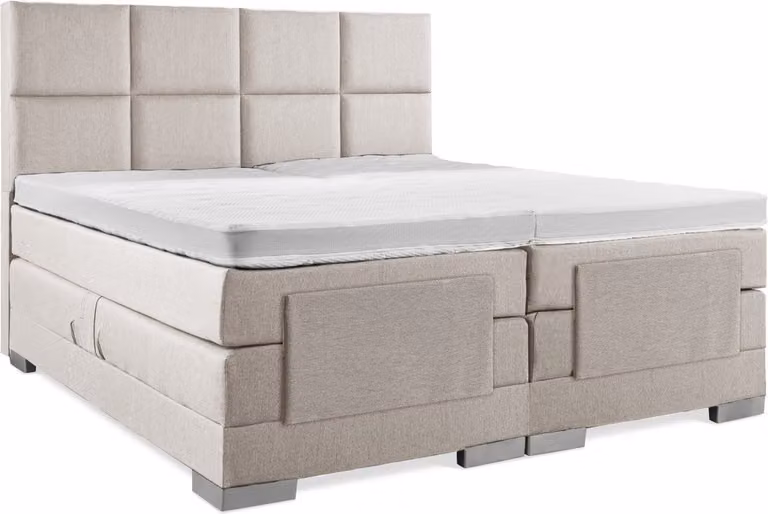 Elektrische Boxspring Beige met 8 vlaks hoofdbord en plint - B/D: 200 x 200 cm