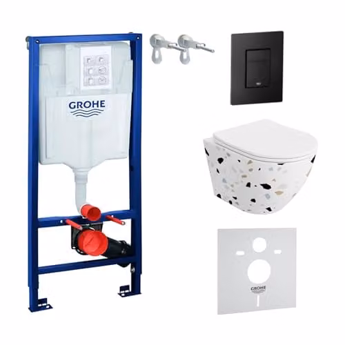 LAVITA Complete toiletset met Solido voorwandelement, wandophanging, inbouwspoelbak, wit Sofi Slim Stone toilet zonder spoelrand, SoftClose wc-bril en zwarte drukknop