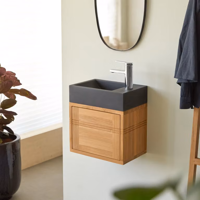 Tikamoon Wastafelmeubel Basic van massief teak en zwart marmer - Zwart/Bruin