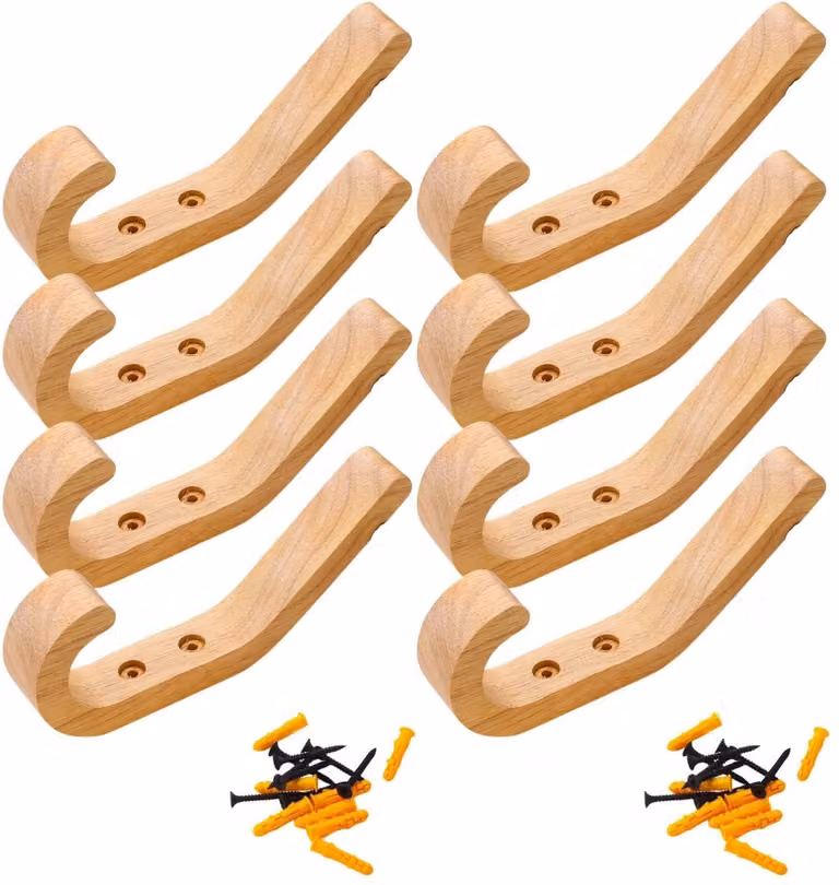 Dailygoods Set van 8 Wandkapstokhaken van Massief Eiken met Roestvrijstalen Schroeven