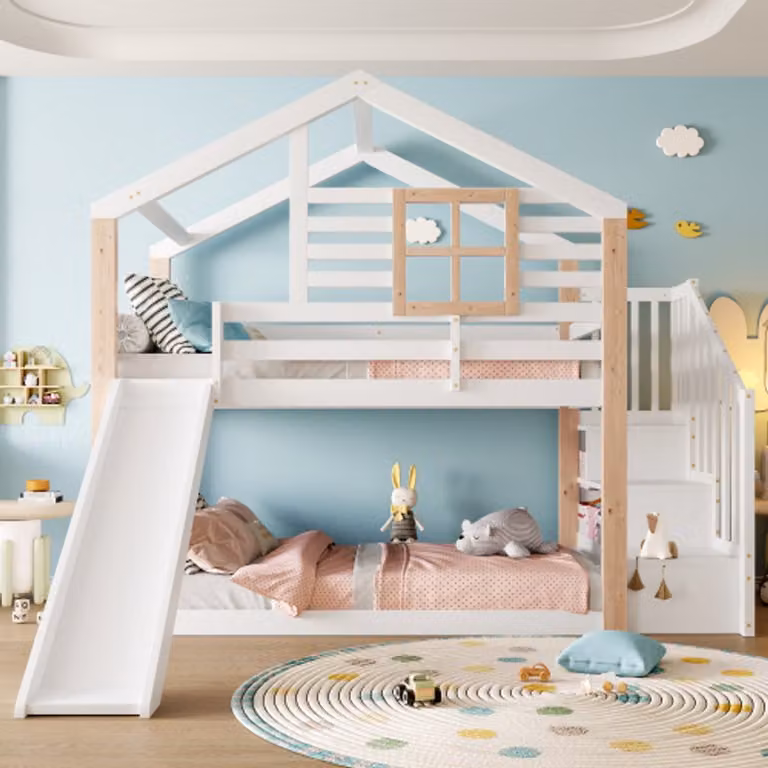 Wit Scandinavisch kinderstapelbed van massief hout met glijbaan, trap en opbergruimte, B/D/H: 204 x 90 x 130 cm