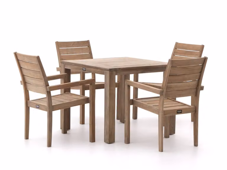 ROUGH Furniture Diningset voor 4 personen van behandeld teakhout in bruin of grijs