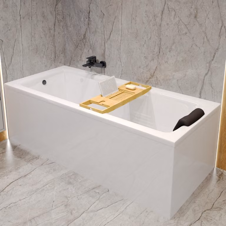 Badland Talia Complete 5-in-1 Badkuip Set met Acryl Spatplaat, Bamboe Opbergplank en Sifon, Rechthoekig, B/D: 150 x 70 cm