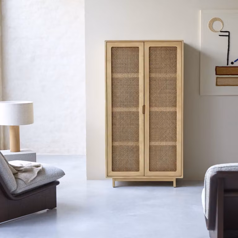 Tikamoon Opbergkast Luis van massief iepenhout en rattan - Bruin/Beige - B/D/H: 85 x 40 x 160 cm