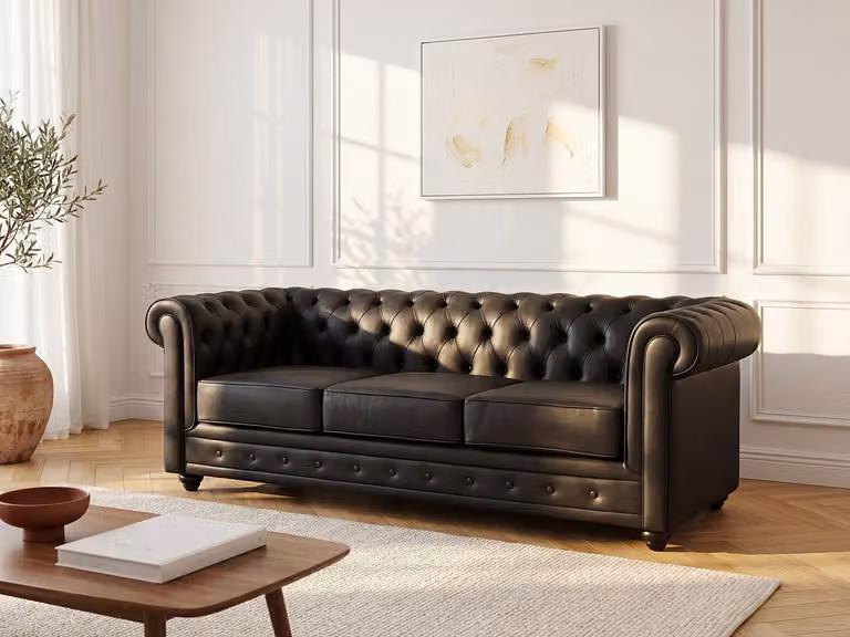 Chesterfield driezitsbank van leer in zwart met afneembare hoezen