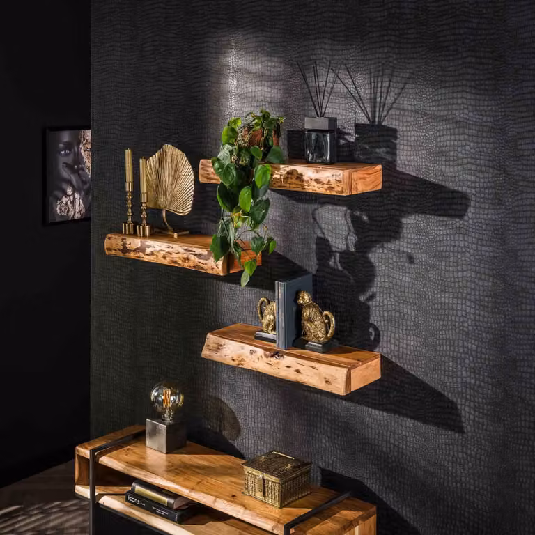 WoonStijl Wandschap Tree set van 3 met lade, Acacia hout, Bruin