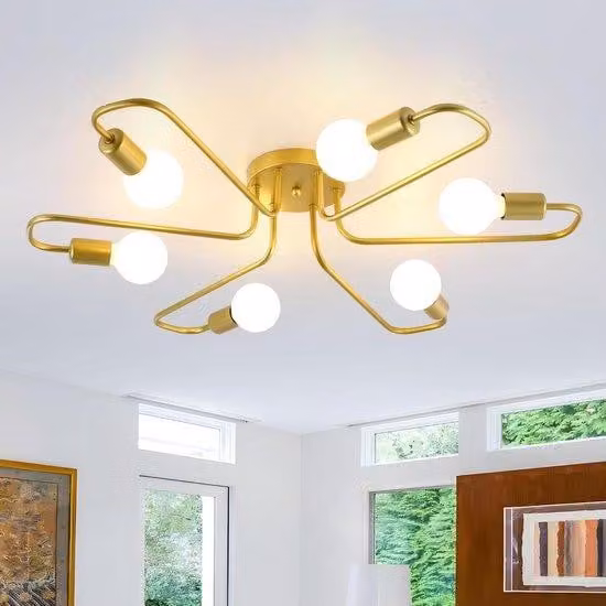 Verstelbare gouden metalen hanglamp met 6 armen en transparante glazen kappen, E27 fitting, industrieel design voor woonkamer, keuken of slaapkamer