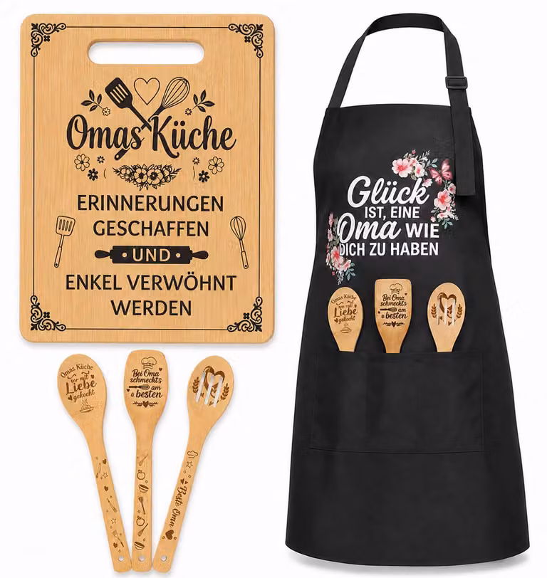 Dripio Grootmoeder-geschenkset met bamboe snijplank, 3 accessoires en een schort voor volwassenen