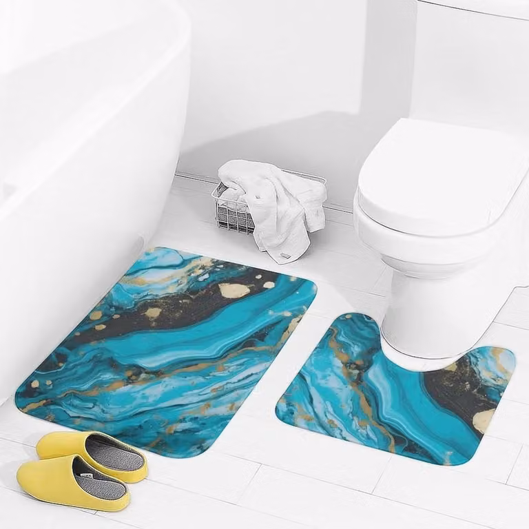 2-delige badkamertapijt set met badmat en toiletmat in marmerlook