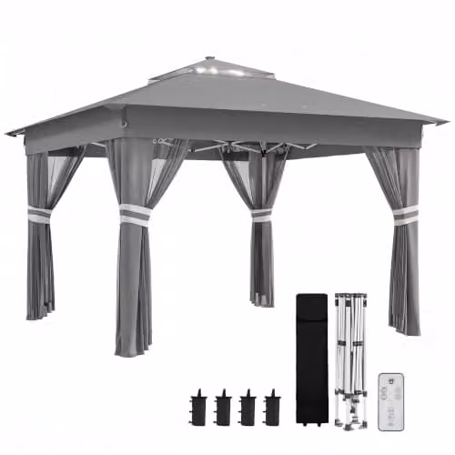 Outsunny Faltpavillon 3x3 m met LED, 4 netgordijnen en zijwand, Donkergrijs