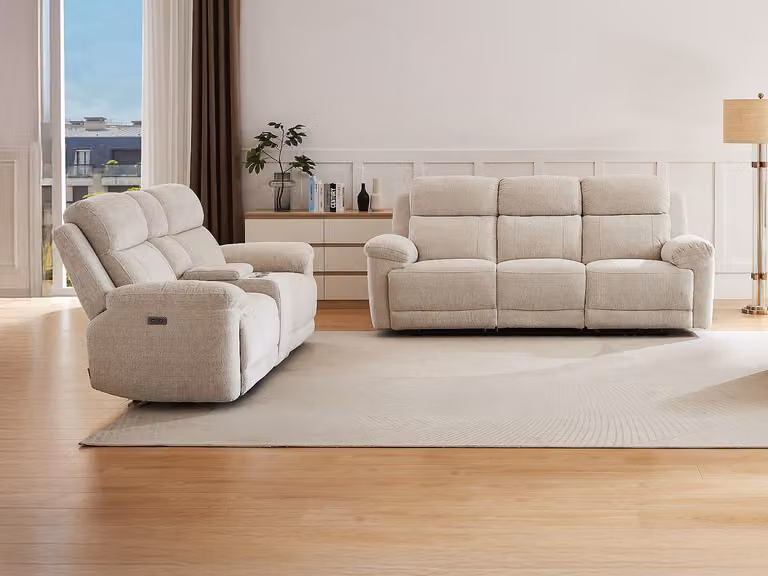 KELUNO Elektrische relaxbank set van 3-zits en 2-zits bank in beige stof met USB-oplaadpunt en bekerhouders