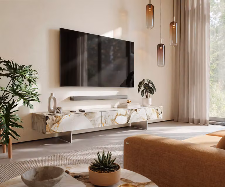 Tv-meubel Cuor 200 cm met Keramiek Patagonia gepolijst, 1 flap en 1 lade met zwevende voetlook en roestvrij staal