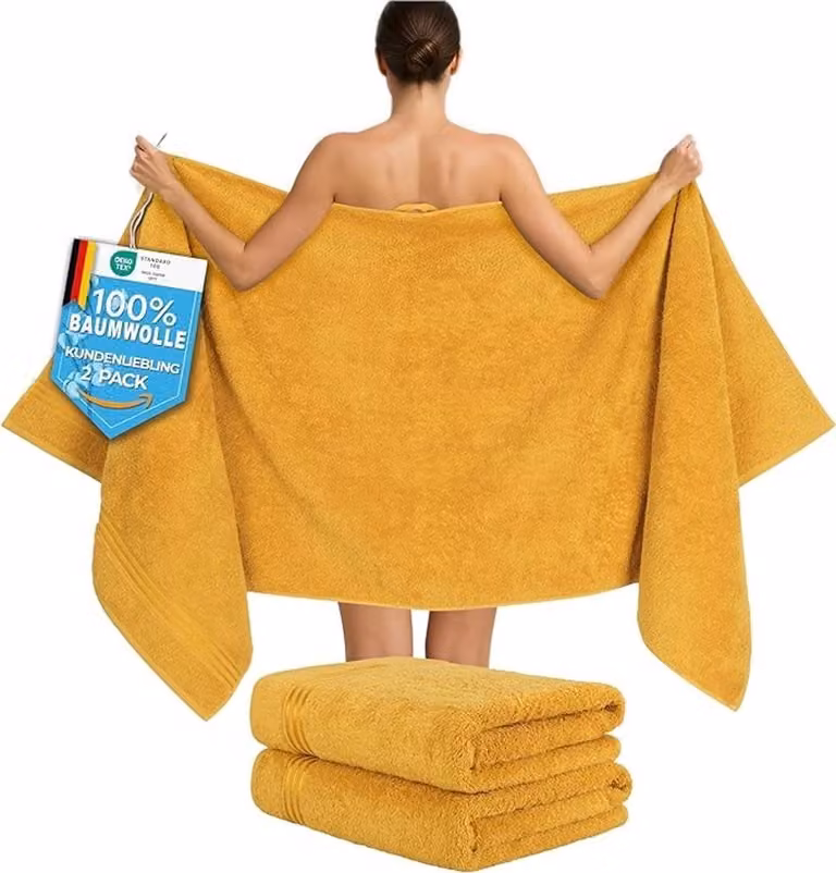 Set van 2 luxe badhanddoeken van 100% katoen in mosterd, 80 x 200 cm, 500 g/m²