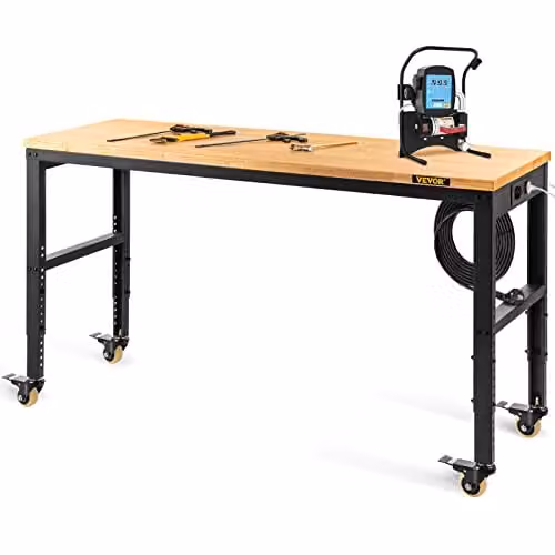 VEVOR Hoogteverstelbare werkbank met wielen en stekkerdoos, Bruin/Zwart, B/D/H: 122 x 51 x 104 cm