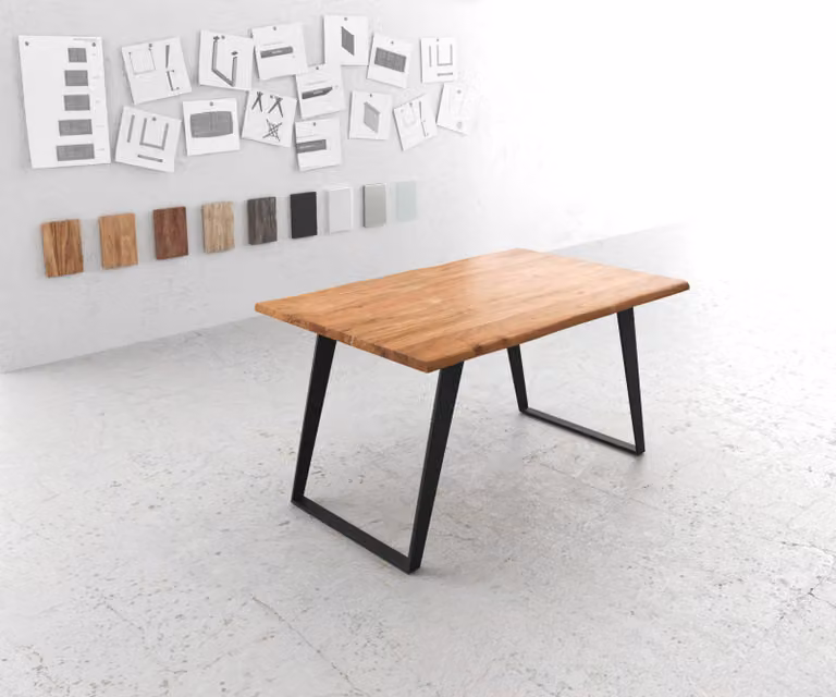 DELIFE Eettafel Edge van acacia hout en metaal, Live-Edge, Bruin/Zwart, B: 140 cm, D: 90 cm, H: 74,5 cm