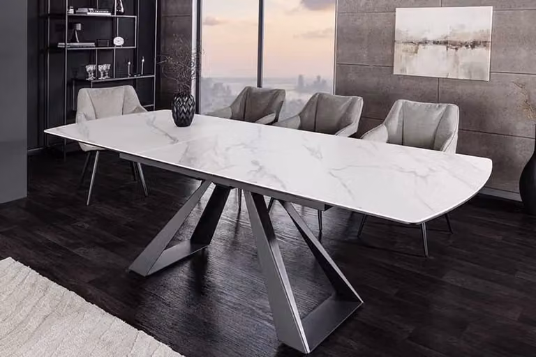 Invicta Interior CONCORD uitschuifbare eettafel met wit keramiek marmer design en zwart metalen onderstel, 180-230 cm