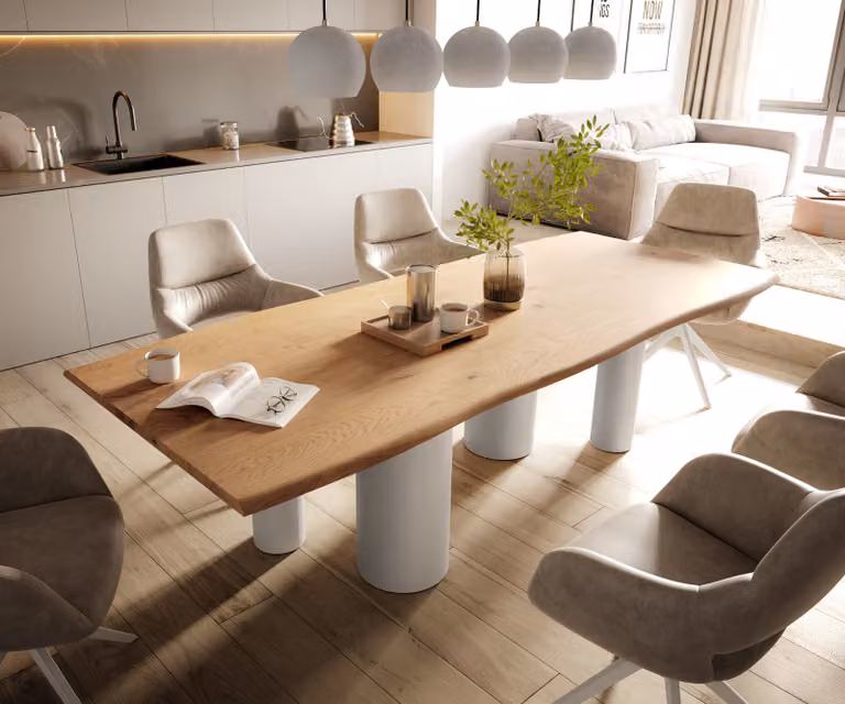 DELIFE Eetkamertafel Edge Live-Edge met Eiken Blad en Wit Metalen Onderstel, B/D/H: 260 x 100 x 71,5 cm