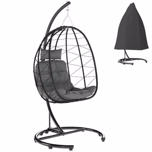 Outsunny Hangstoel Ratan Donkergrijs met Frame, Kussens en Waterdichte Hoes voor Tuin en Terras