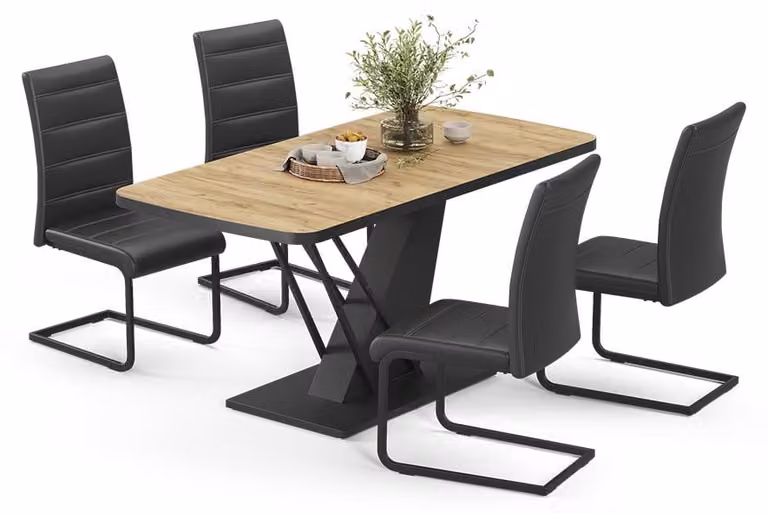 Vicco Fenaro Eettafelset met 4 eetkamerstoelen, Goudkleurig Eiken/Zwart, B/D/H: 120 x 80 x 76 cm