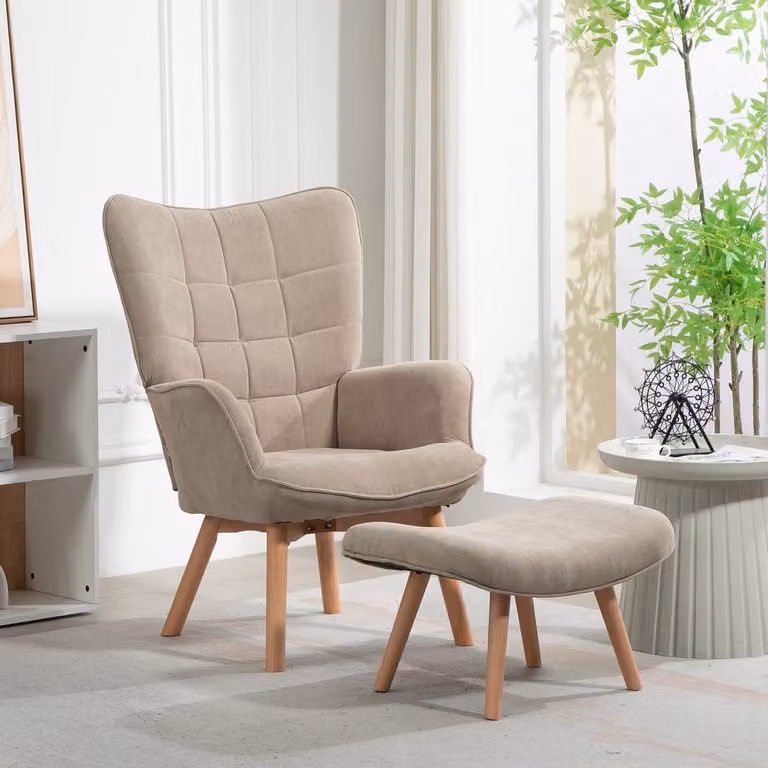 MODFU Oorfauteuil met Voetenbank - Klassiek Getuft Ontwerp - Khaki - B/D/H: 72 x 80 x 101 cm