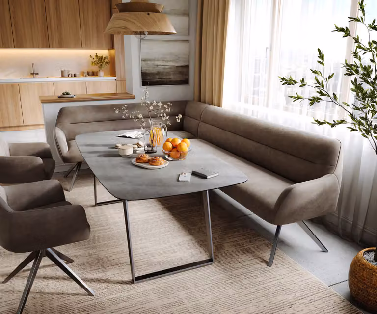DELIFE Eetkamerbank Taya-Flex L-vormig in beige/grijs microvezel met metalen frame B: 282 cm, D: 190 cm, H: 106,5 cm