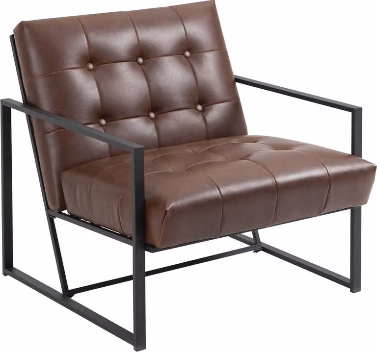Chesterfield loungefauteuil met chocoladebruine synthetische bekleding en zwart metalen frame