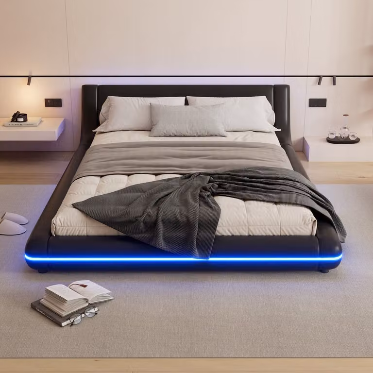 Re-purelife Modern Vloerbed Japans Bed met LED-omgevingslicht en afstandsbediening, Zwart, B/D: 140 x 200 cm