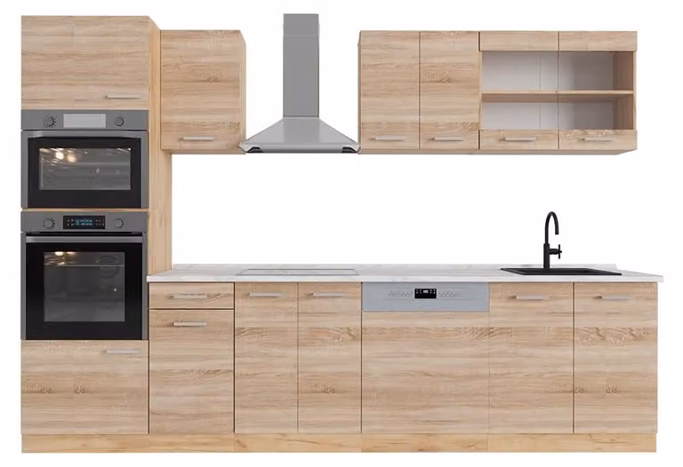 Vicco R-Line Keukeneenheid Sonoma/Goudkraft eik met hoge kast en marmeren werkblad, 300 cm