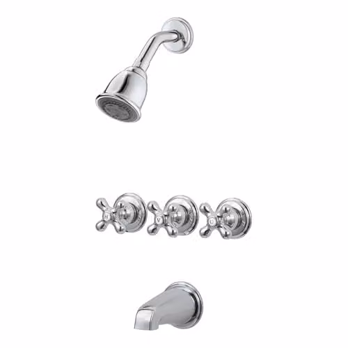 Pfister LG01-8CBC Bad- en douchekraan met drie handvatten en metalen kruisgrepen, Gepolijst Chroom, Waterbesparend