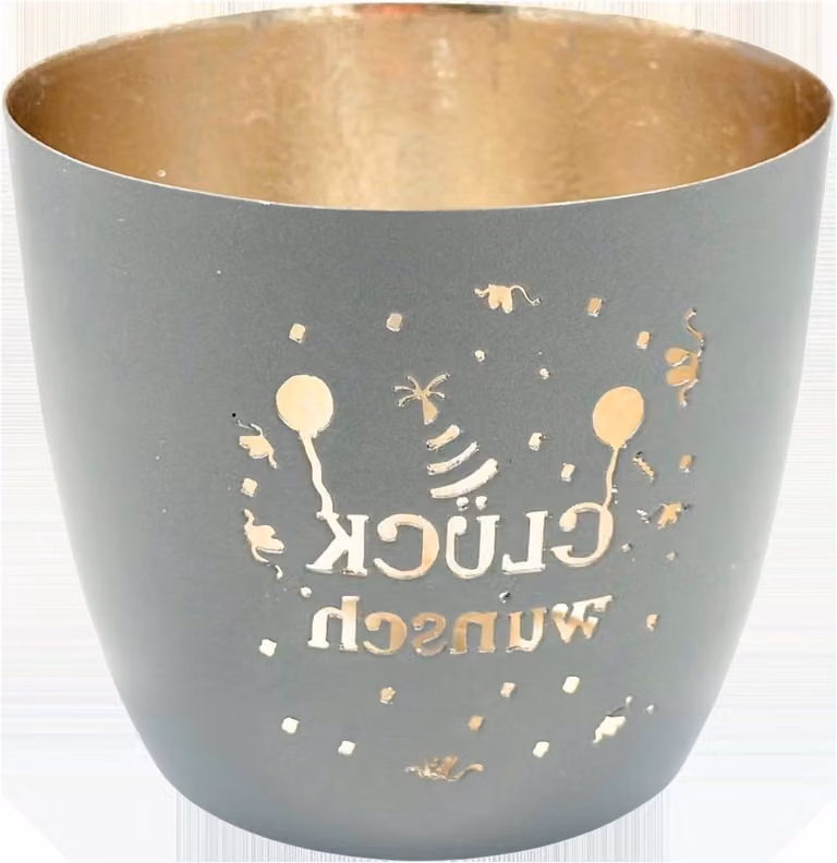 Grijs/Goud Windlicht Metaal met Uitgestanste Letters voor Tealights en Kaarsen, Diameter: 10 cm