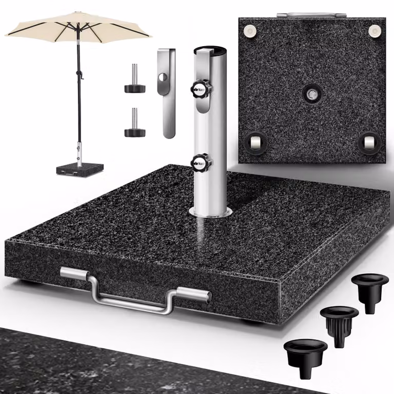 tillvex Graniet Parasoldvoet met Wielen en Transportgreep 27 kg, Vierkant, voor Parasolstokken 16-48 mm en 250 cm Diameter