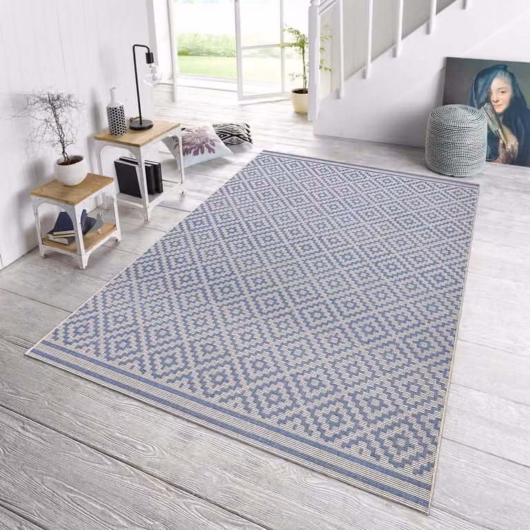 Hanse Home Meadow binnen- en buitentapijt met geometrisch ruitmotief, blauw/beige/wit, B: 160 cm, L: 230 cm