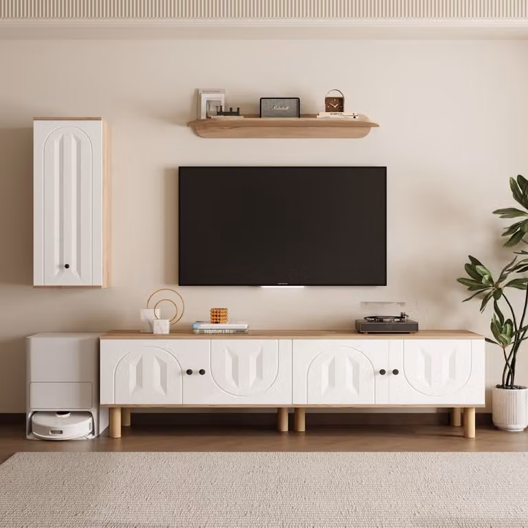 REDOM Woonwand met gesneden deurpanelen en open en gesloten opbergruimte - Wit en naturel - 3-delig
