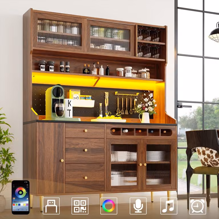 MODFU Hoge Kast met Ledverlichting en Appbediening, Verstelbare Legplanken, Uittrekbaar Wijnrek en Glashouders, Walnootkleur, B/D/H: 145 x 39 x 171 cm