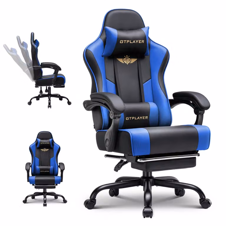 GTPLAYER Ergonomische Gaming Stoel met voetsteun, hoofdsteun en lendensteun - Blauw