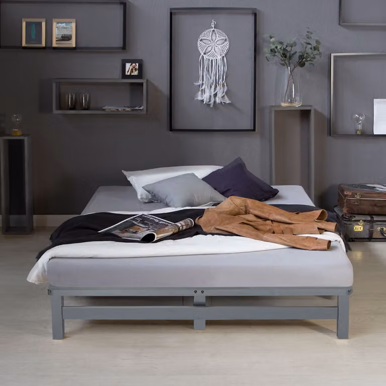 Homestyle4u Palettenbed met lattenbodem van massief hout, grijs, B/D: 140 x 200 cm