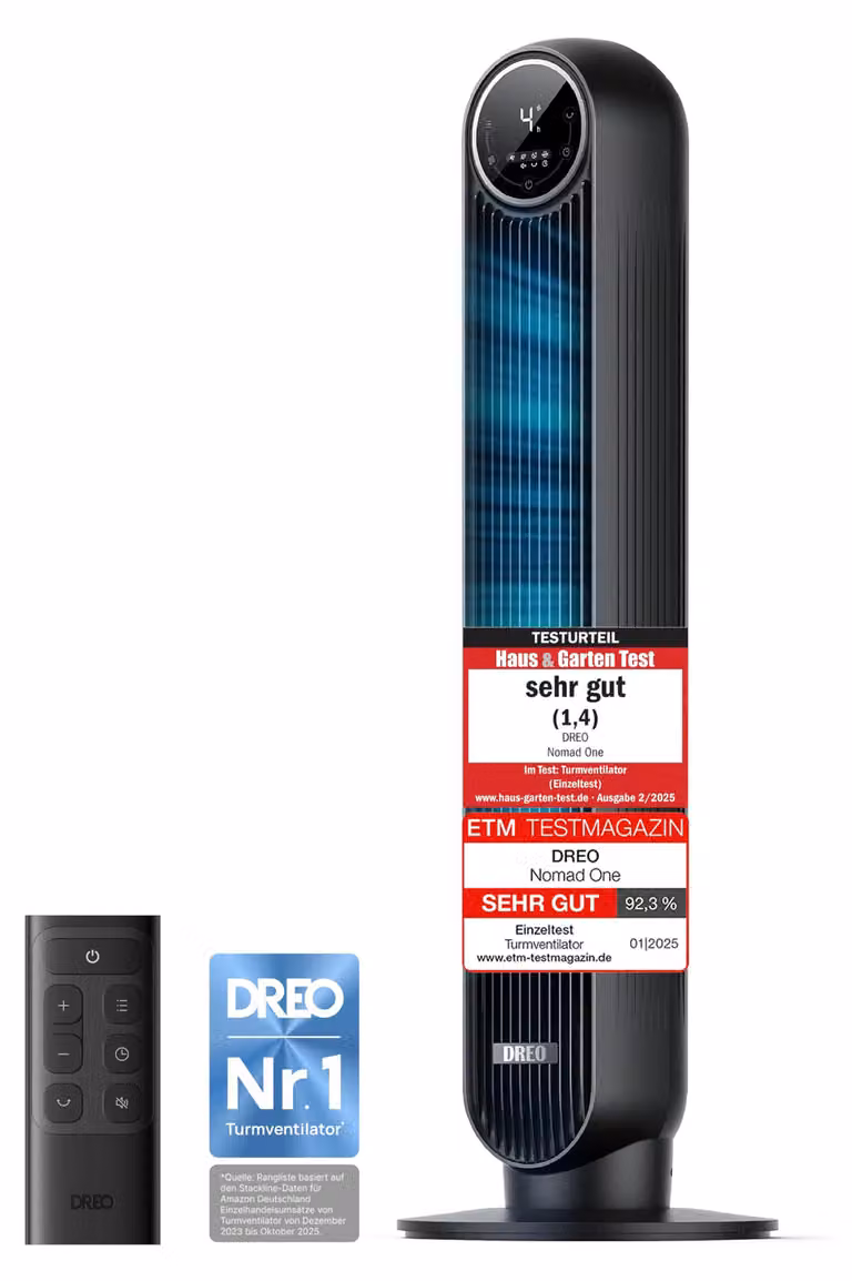 Dreo Nomad One torenventilator met afstandsbediening, 90 graden oscillerend, 4 snelheden en 8-uurs timer