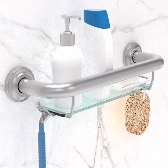 Grijpbeugel met glazen plank voor douche en bad, 16 inch, Geborsteld Nikkel