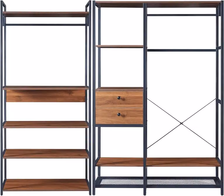 Kledingkast set met lades en hangers in zwart walnoot, Breedte: 204 cm