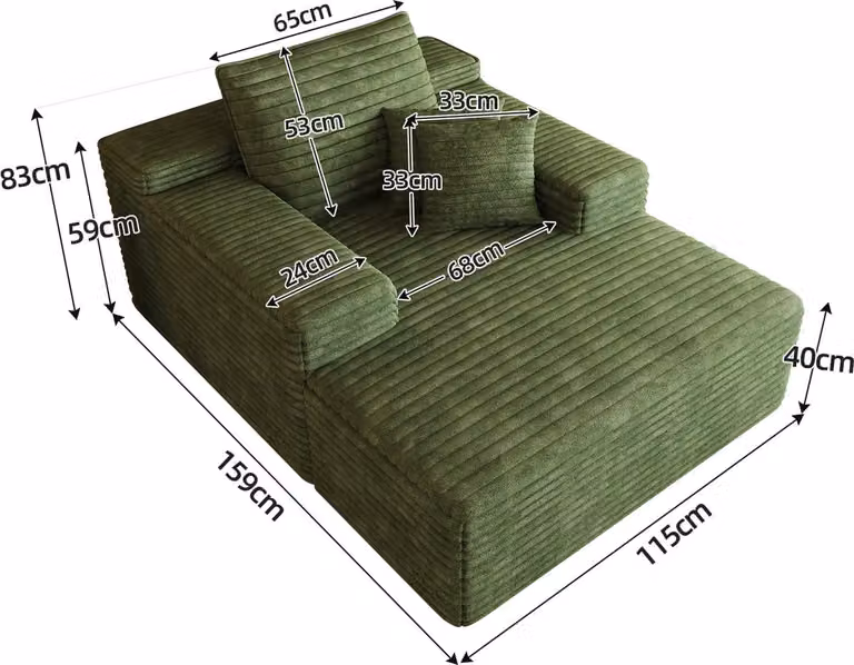 MIVRAY Chaise Longue in Groene Ribstof voor Woonkamer of Slaapkamer, B: 115 cm, D: 159 cm
