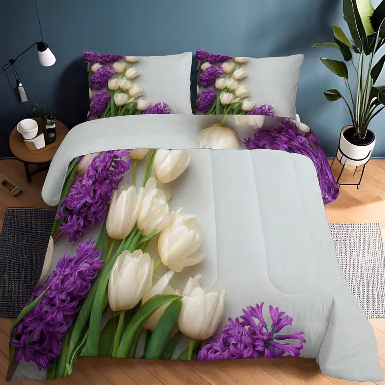 Lichtgrijze gewatteerde omkeerbare bedsprei met bloemenpatroon, 200 x 200 cm