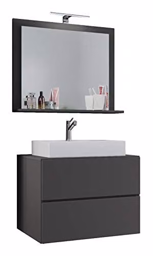 VCM Lendas 3-delig badkamerset met wastafelmeubel en spiegelkast in grijs/antraciet, Breedte: 60 cm, Diepte: 51 cm, Hoogte: 58 cm