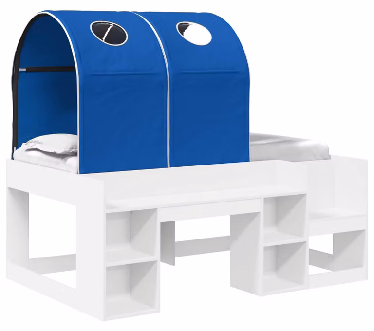 vidaXL Bed met luifel en planken, wit en blauw, houtvezel