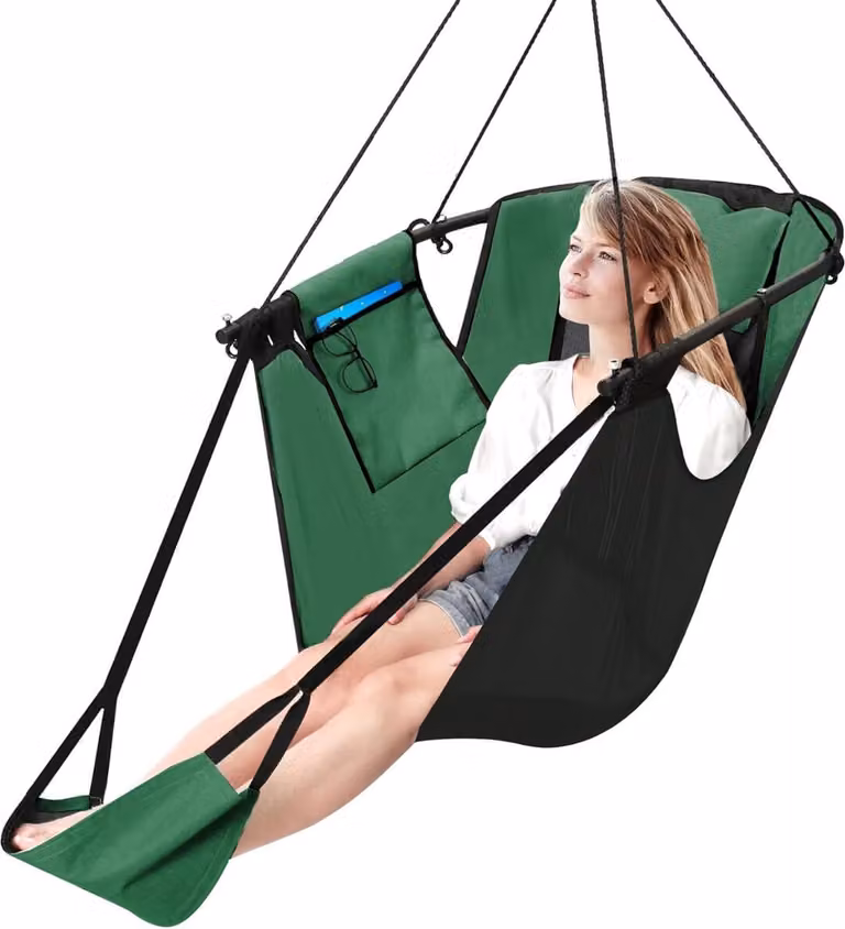 U-vormige hangstoel met voetsteun en metalen frame, robuuste Oxford-stof en zijzak, groen