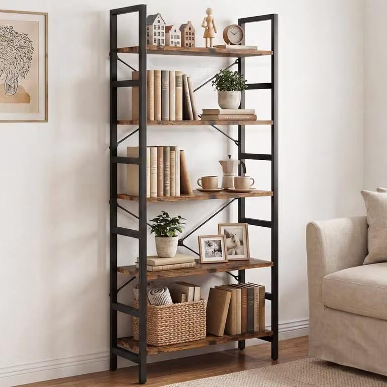 HOKEEPER Boekenkast met 5 Planken - Industrieel Opbergrek van Hout en Staal - Zwart - B/D/H: 60 x 34 x 158 cm