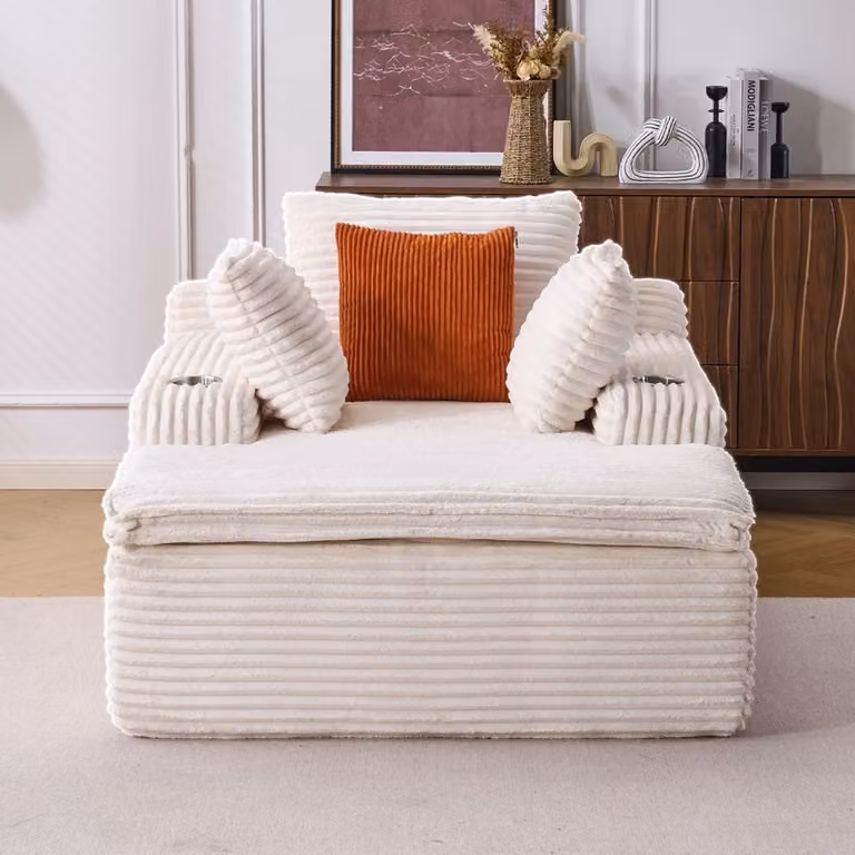 Komhtom Slaapbank met Chaise Longue en Kussens - Moderne L-vormige Woonkamerbank - Beige Stof