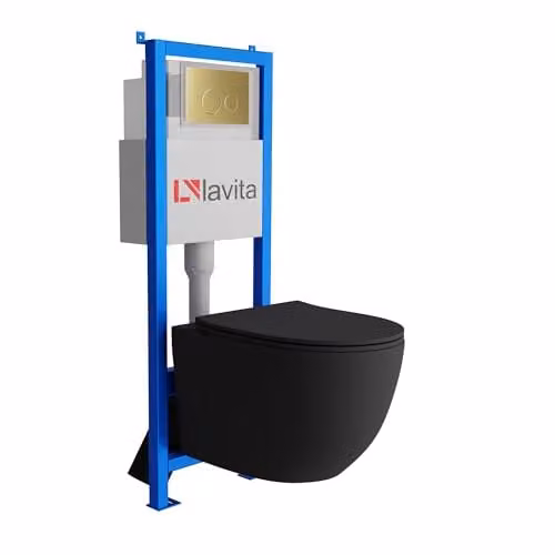 Lavita complete toiletset SINTO zwart met LAV 101 voorwandelement, diepspoelbak zonder spoelrand en LAV 200.4.5 bedieningspaneel in goud