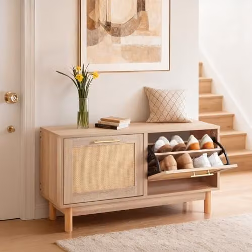 VEVOR Schoenbank met rotan-look, beige/bruine halbank met 2 uitklapbare lades en 4 compartimenten, B/D/H: 90 x 30 x 53 cm